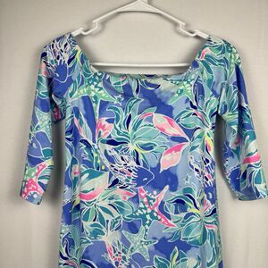 Lilly Pulitzer Dress XS Blue Multicolor Off Shoulder Tropical Fish Starfish